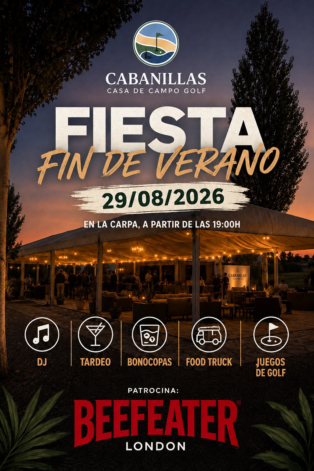 Cartel Fiesta Fin de Verano 2026 — Cabanillas Casa de Campo Golf